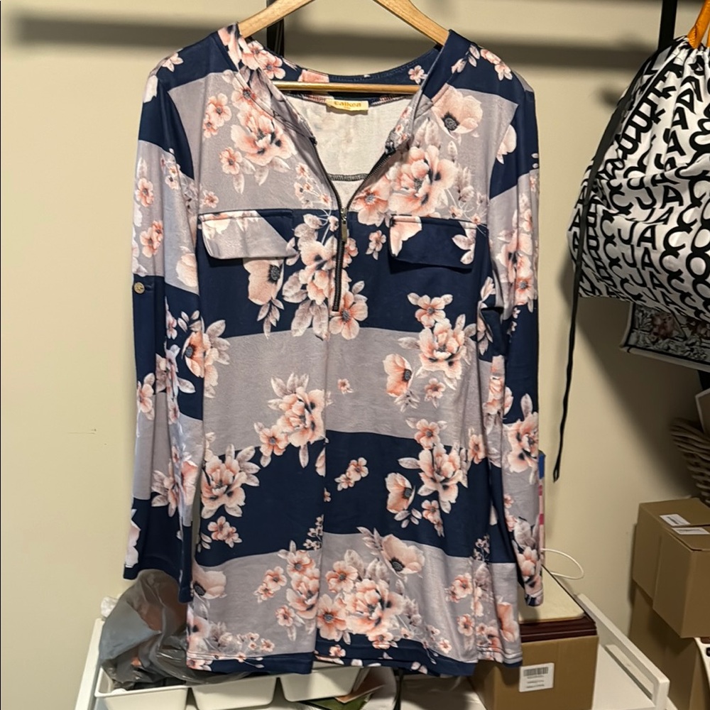 Baikea Blue and Pink Long Sleeve Blouse